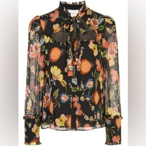 ALEXIS *Elodie* black floral button front blouse top w neck tie S